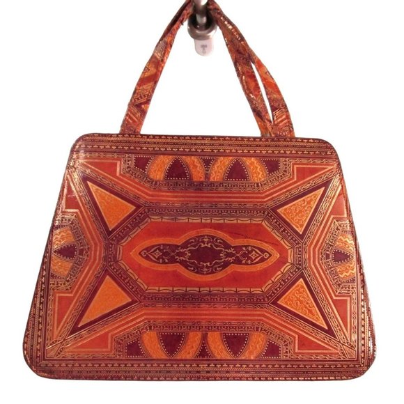 Vintage Tooled Leather Handbag Gold Accents Damaged Upcycle Repurpose Unbranded - Picture 1 of 16